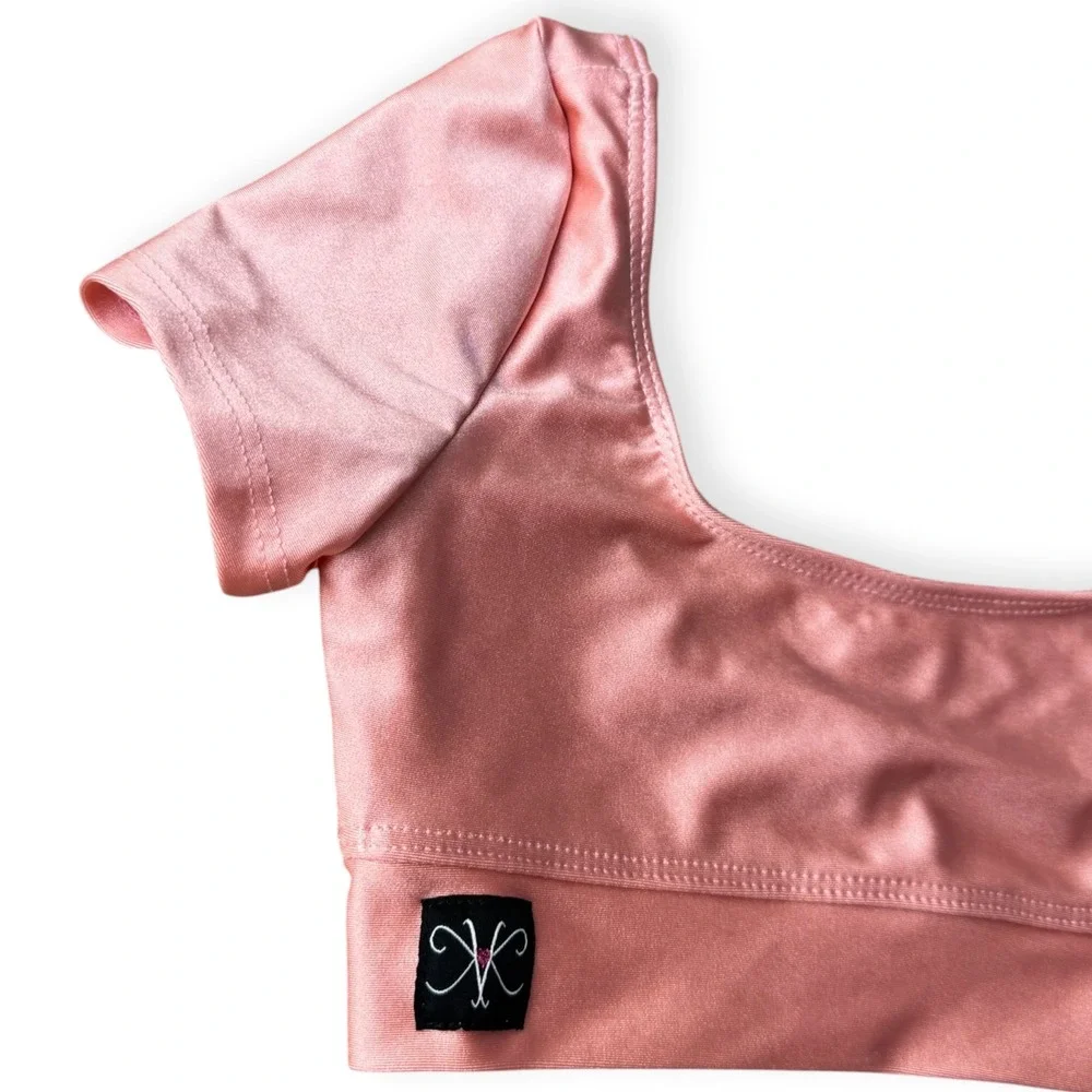 Kandi Kouture Girls Pink Shimmer Dance Crop Top Short Sleeve Size CM 5/6